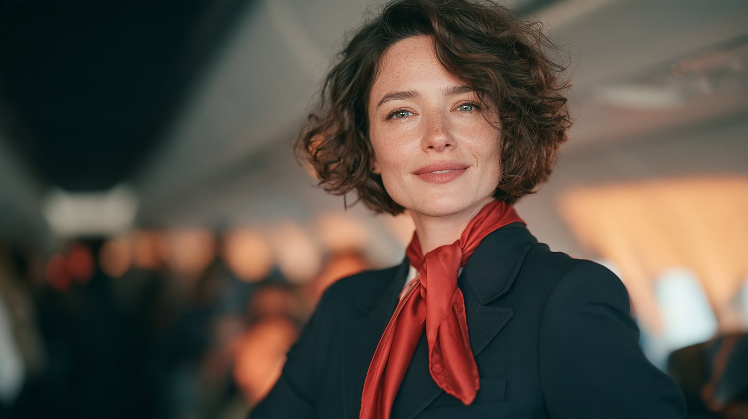 Hôtesse de l'air souriante en uniforme navy et foulard rouge, dans la cabine d'un avion