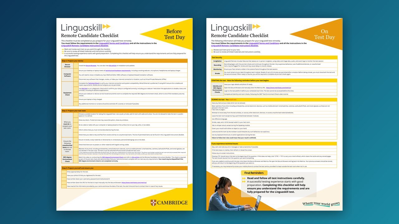 Linguaskill Remote Candidate Checklist — Before test day / On test day